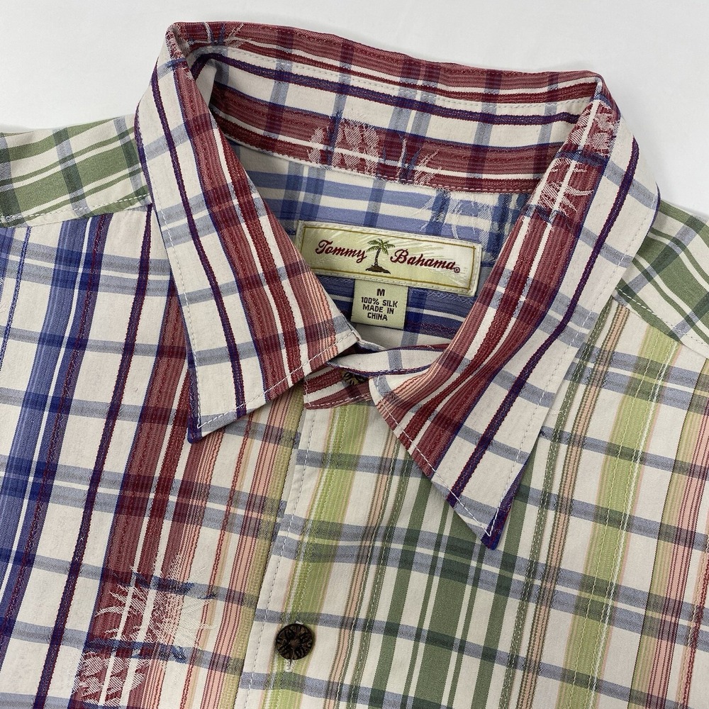 Tommy Bahama Shirt Mens Medium Multicolor 100% Silk Plaid Palm Tree Camp Button